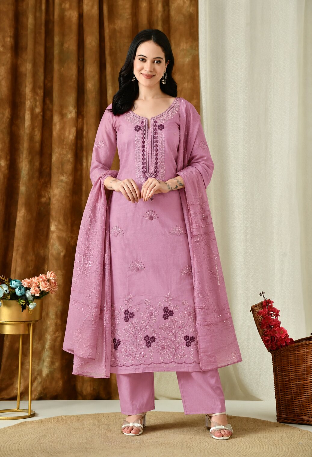 Lavender pink ethnic salwar suit set featuring a straight-cut kurta with dark purple floral embroidery on the neckline, hem, and sleeves, matching trousers, and a coordinating dupatta.