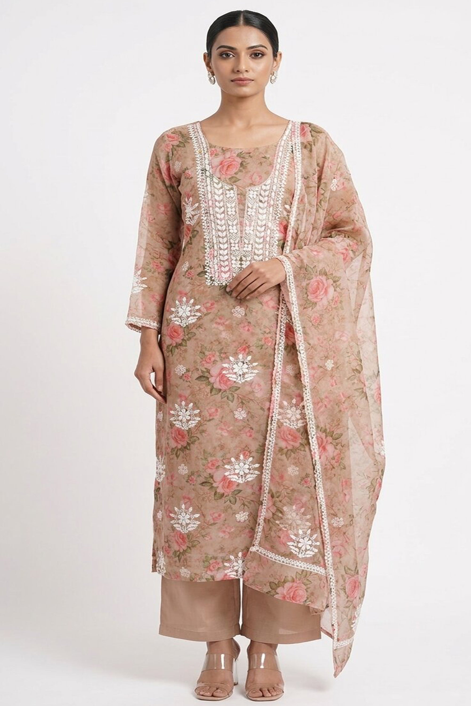 Dusty pink floral printed organza dress material with heavy white thread embroidery on the neck and dupatta, displayed on a mannequin.