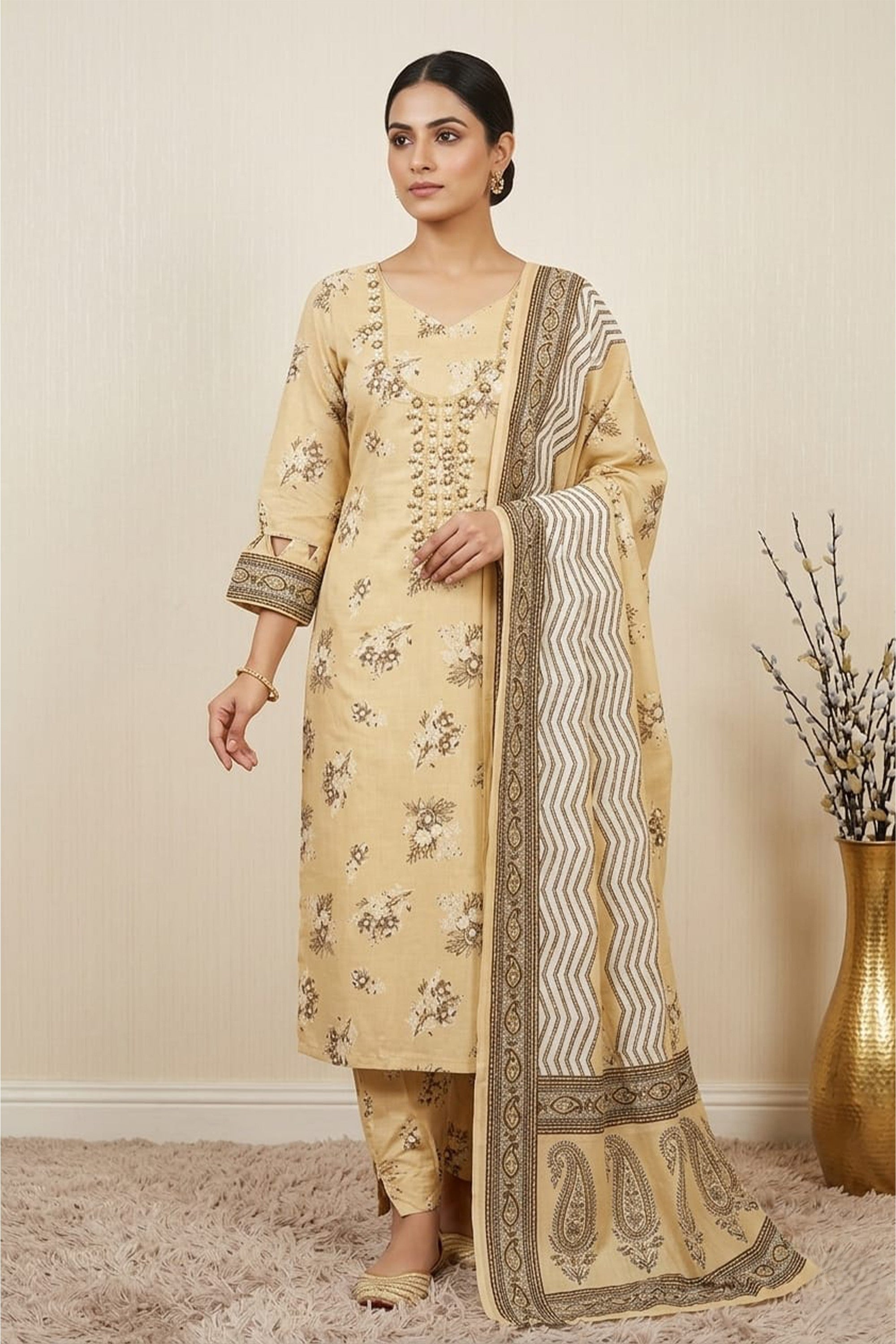 Yellow  floral printed cotton unstitched suit on a mannequin with white thread-work embroidery and a geometric patterned dupatta.
