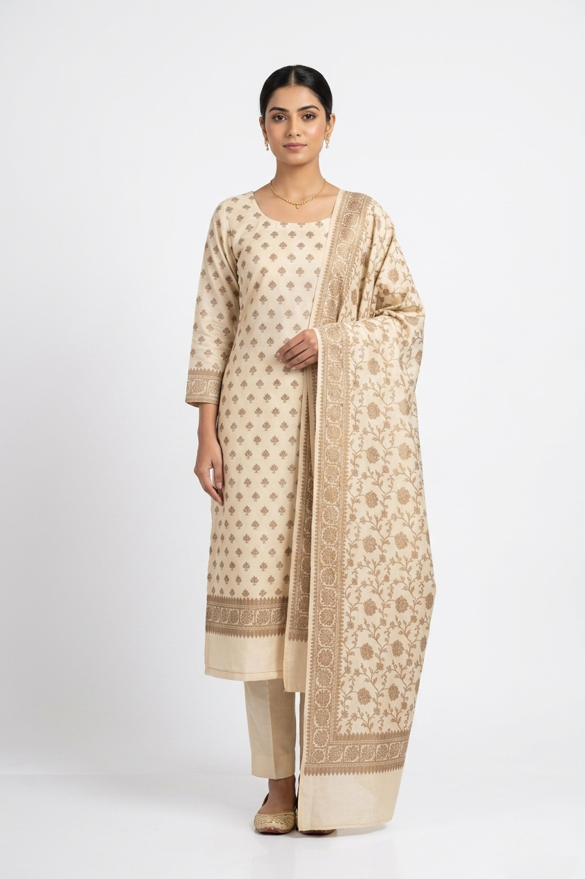 Cream and gold silk blend unstitched dress material with woven ethnic motifs and Banarasi border.
