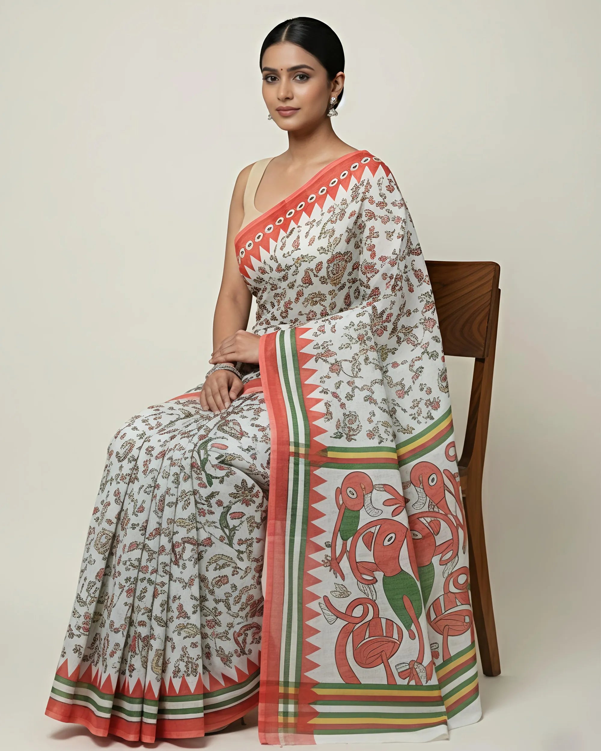 A woman seated on a wooden chair wearing a white and red Warli printed saree. The image captures the lightweight texture of the silk cotton fabric and the detailed traditional artistry of the block prints on the pallu.