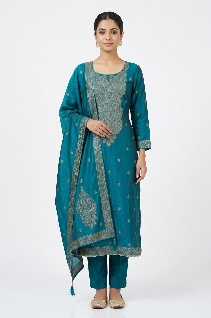 Teal blue organza unstitched dress material featuring a large gold zari woven yoke and matching dupatta on a mannequin.
