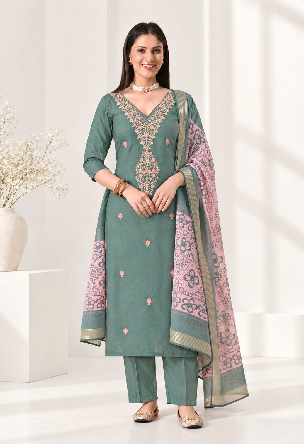 Sage green straight-fit kurta suit set featuring intricate pink floral embroidery on the V-neckline and front, paired with matching straight pants and a coordinating pink printed dupatta with floral patterns and a decorative border.