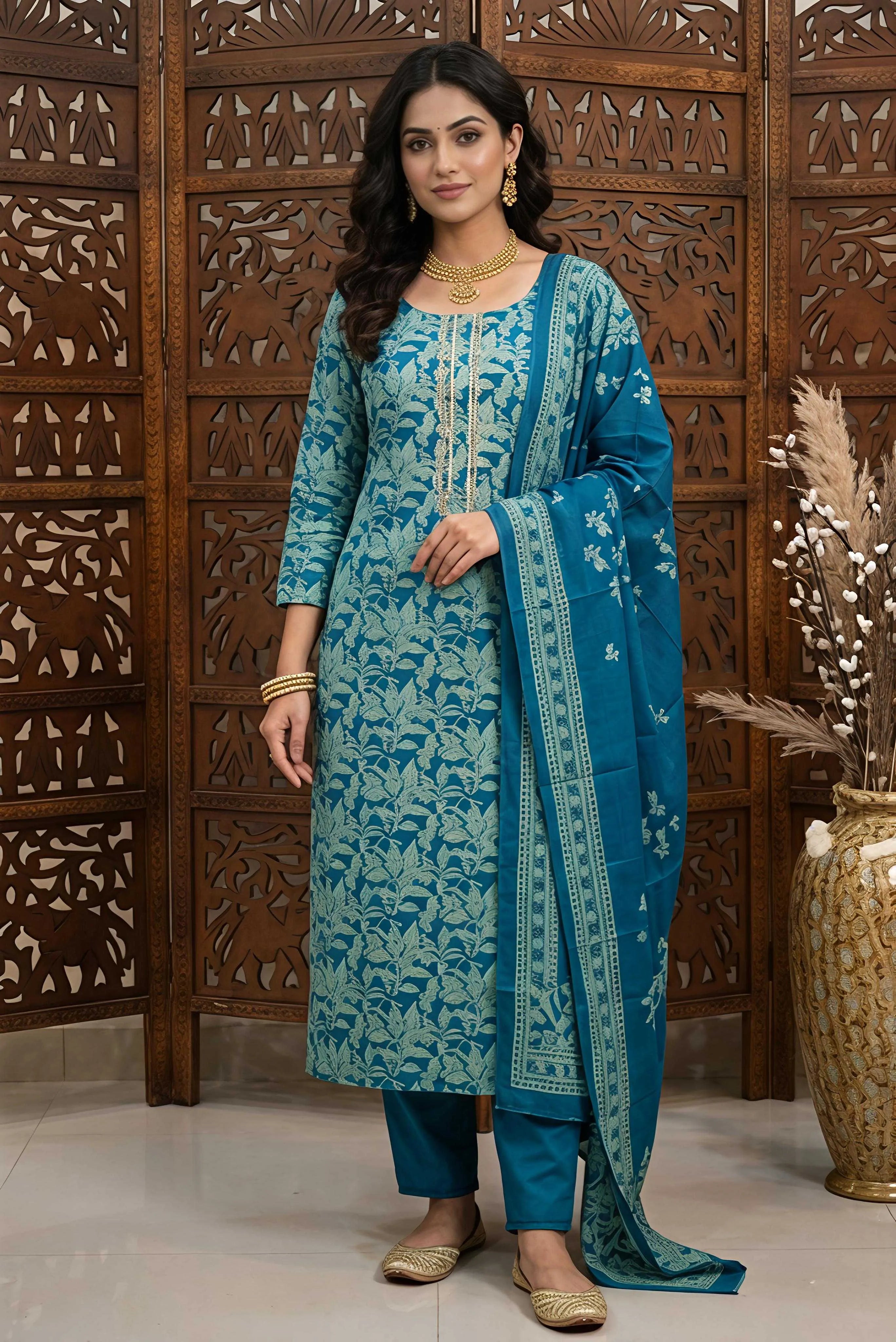 A woman wearing a teal and sea green floral printed unstitched pure cotton suit. The outfit features traditional Gota Patti work on the neckline, paired with a matching printed dupatta and solid teal trousers.