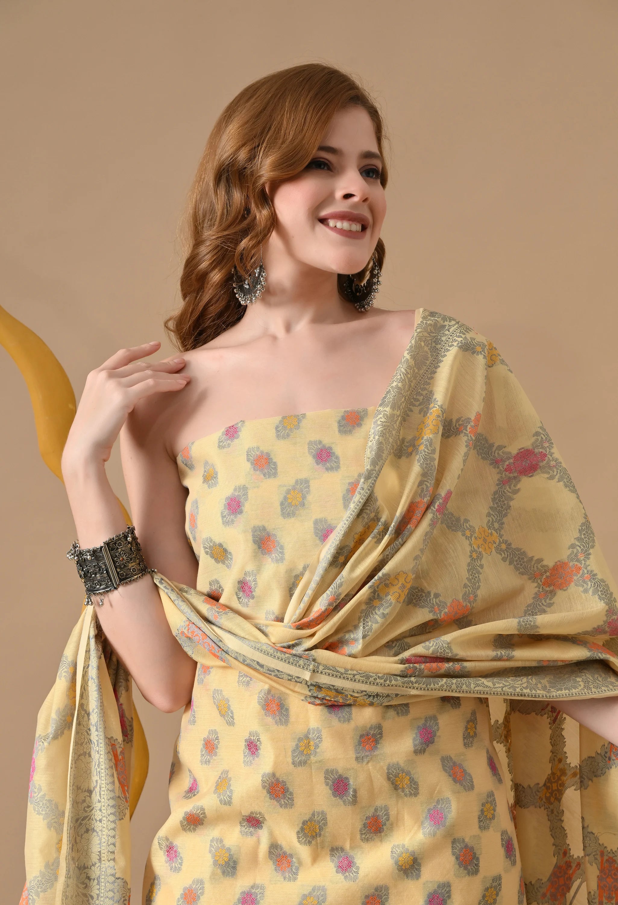 Designer yellow chanderi cotton suit set