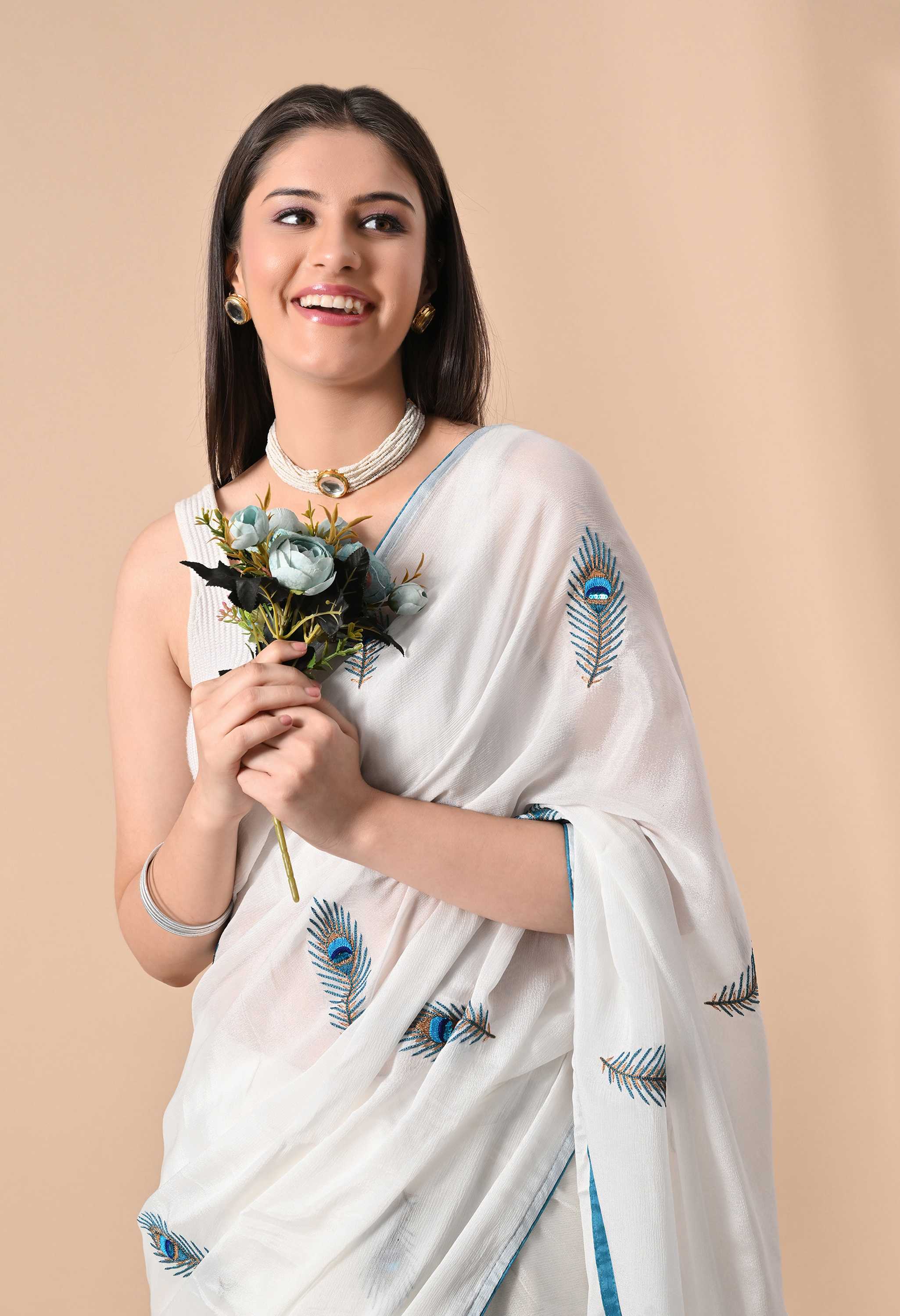 Best Handmade White Chiffon Saree