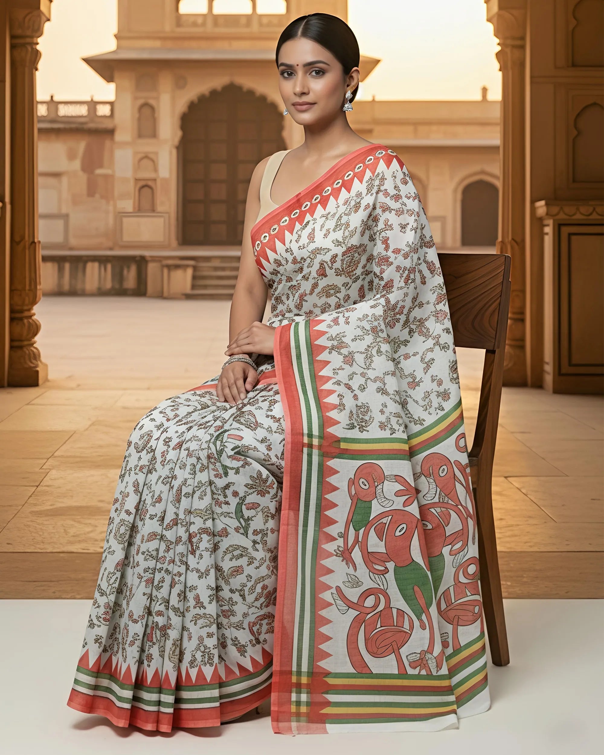 A woman seated on a wooden chair wearing a white and red Warli saree. The image captures the lightweight texture of the cotton fabric and the detailed traditional artistry of the block prints on the pallu.