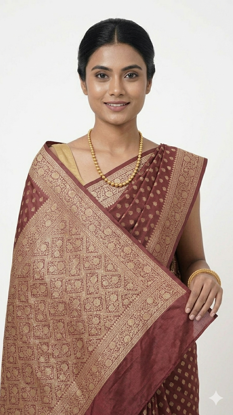 Close-up front view of a woman wearing a maroon Banarasi silk saree with a gold zari grid pattern and a broad, intricate gold pallu, accessorized with a gold necklace