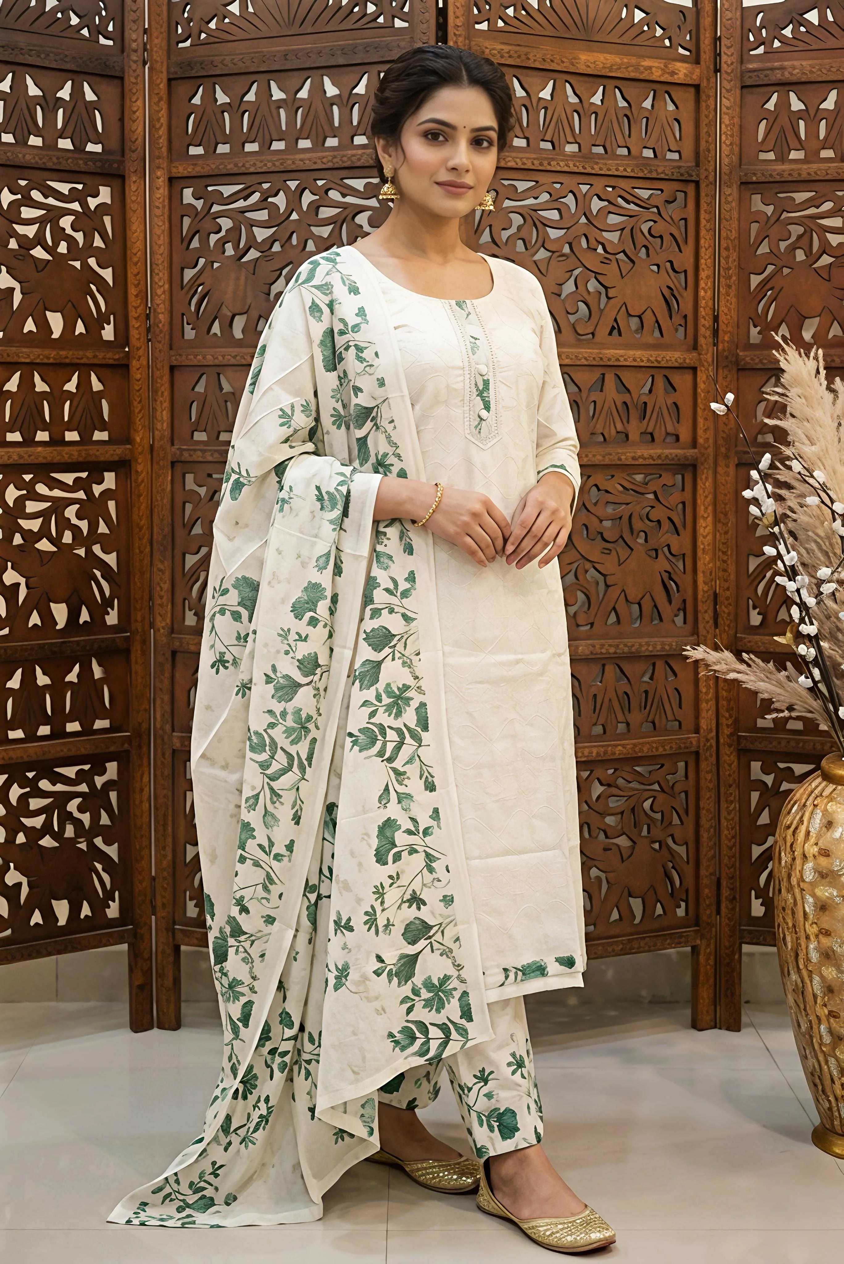 Off-white and green unstitched cotton dress material with embroidered neck and floral printed dupatta.
