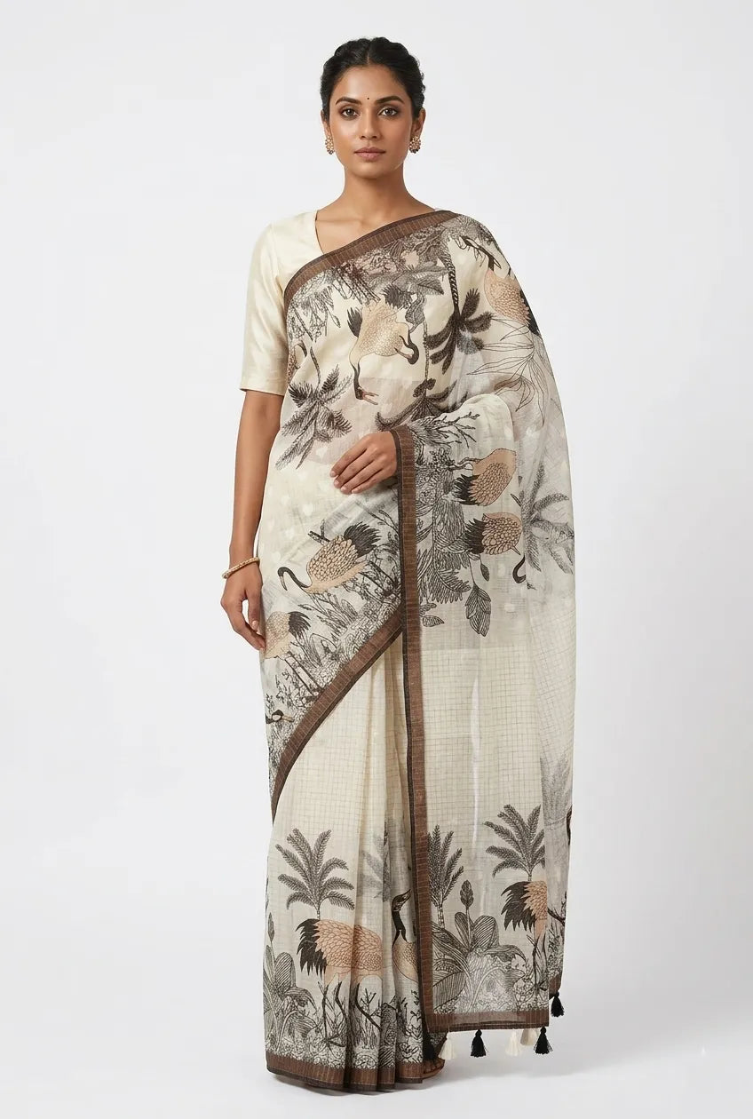 A woman wearing an off-white cotton saree featuring brown and black bird and palm tree prints, a brown border, and black tassels at the end.
