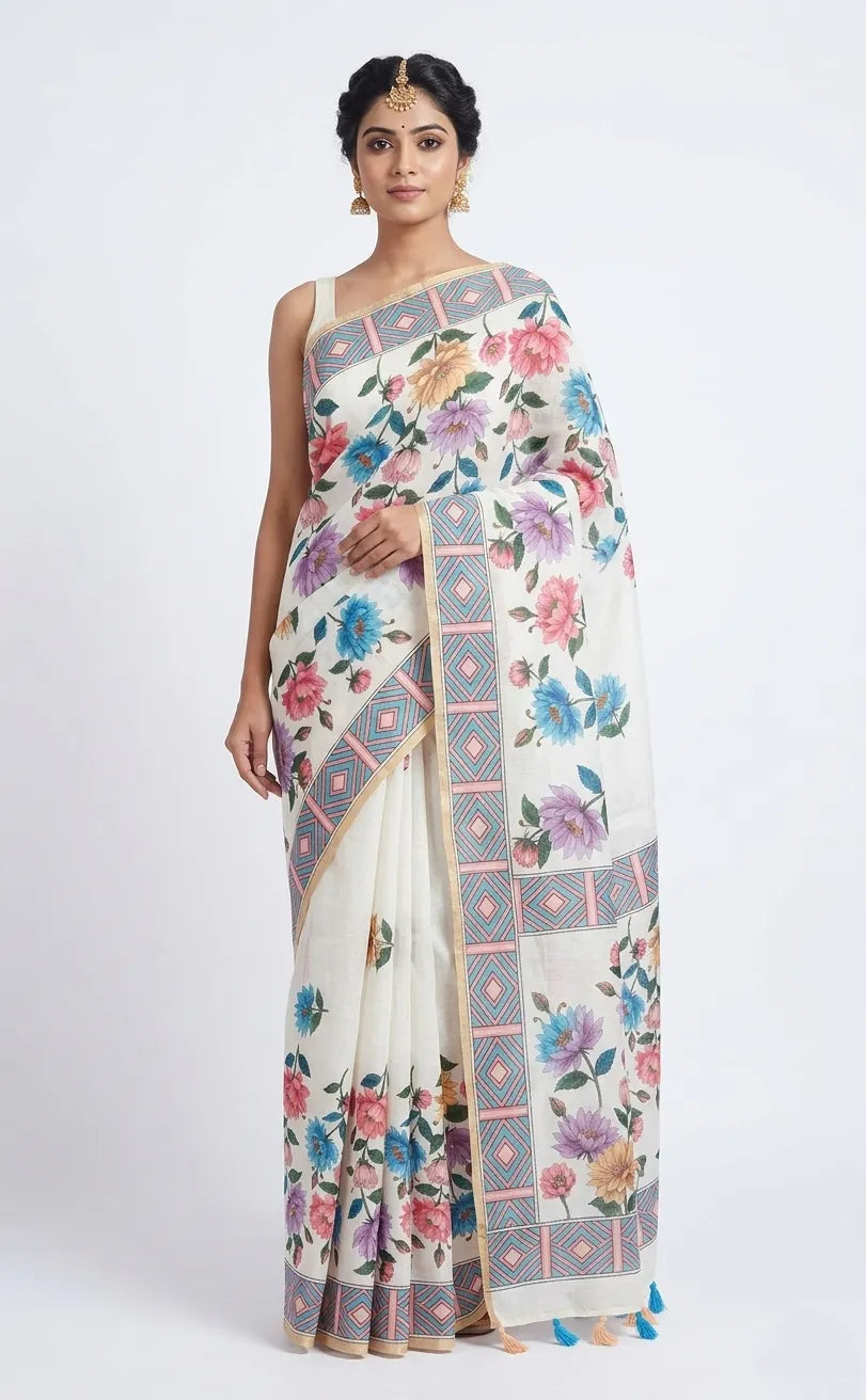 A woman modeling an off-white cotton saree featuring multi-colored floral prints and a blue-and-pink geometric border, finished with tassels at the end of the pallu.
