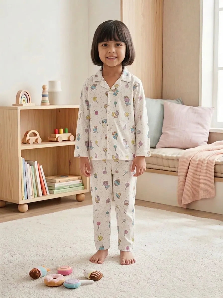 A young girl standing in a modern, sunlit bedroom wearing a white satin night suit featuring a colorful all-over ice cream and sweet treat print. She is smiling in front of a minimalist wooden shelf and a soft beige rug with toy donuts on the floor.