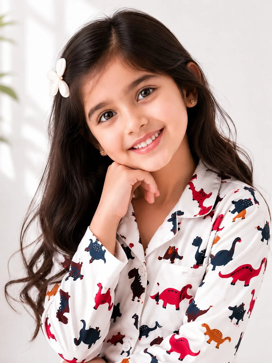 Close-up shot of a smiling young girl with long dark hair and a white flower hair clip, resting her chin on her hand. She is wearing a white long-sleeve pajama shirt featuring a colorful, vibrant print of red, blue, and black dinosaurs.
