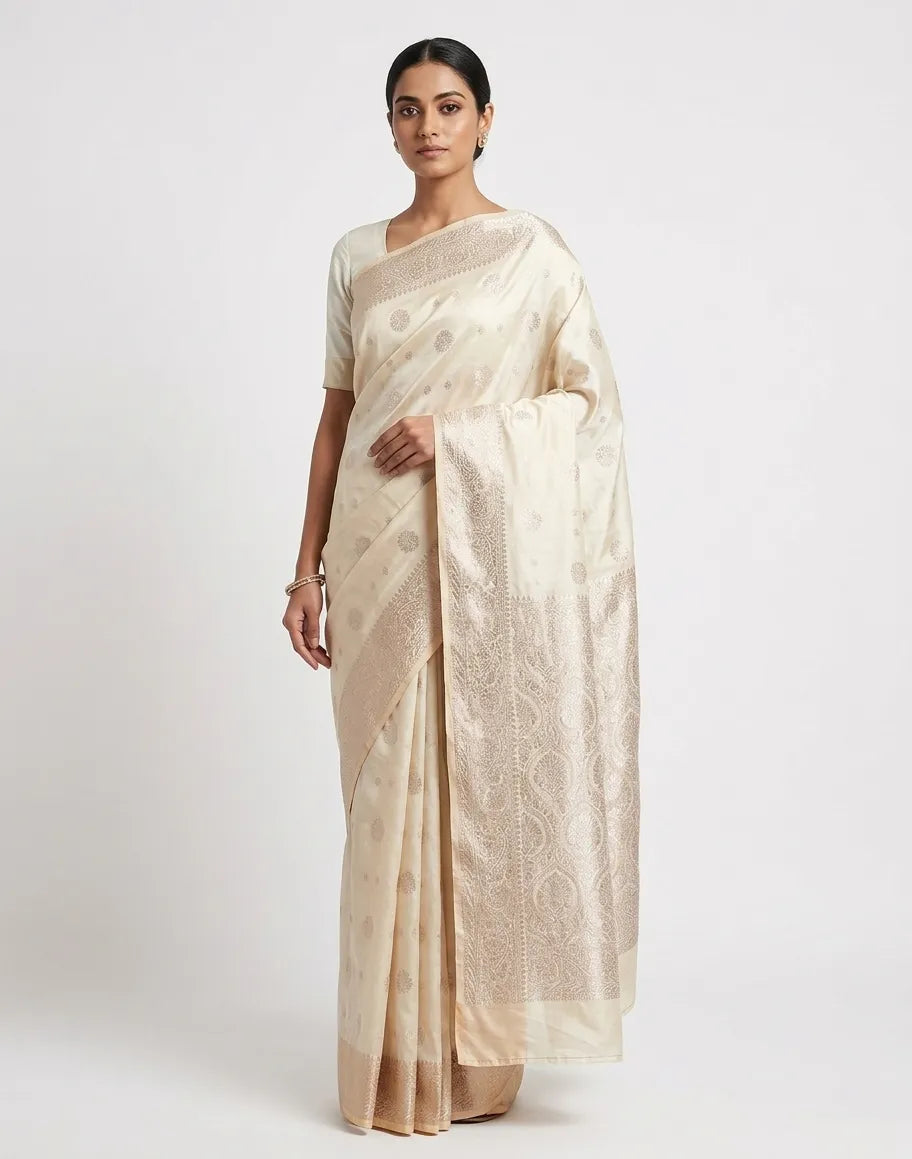 A woman posing in a luxurious off-white and gold Banarasi silk blend saree with intricate woven floral motifs and a wide zari border, paired with a matching short-sleeved blouse.
