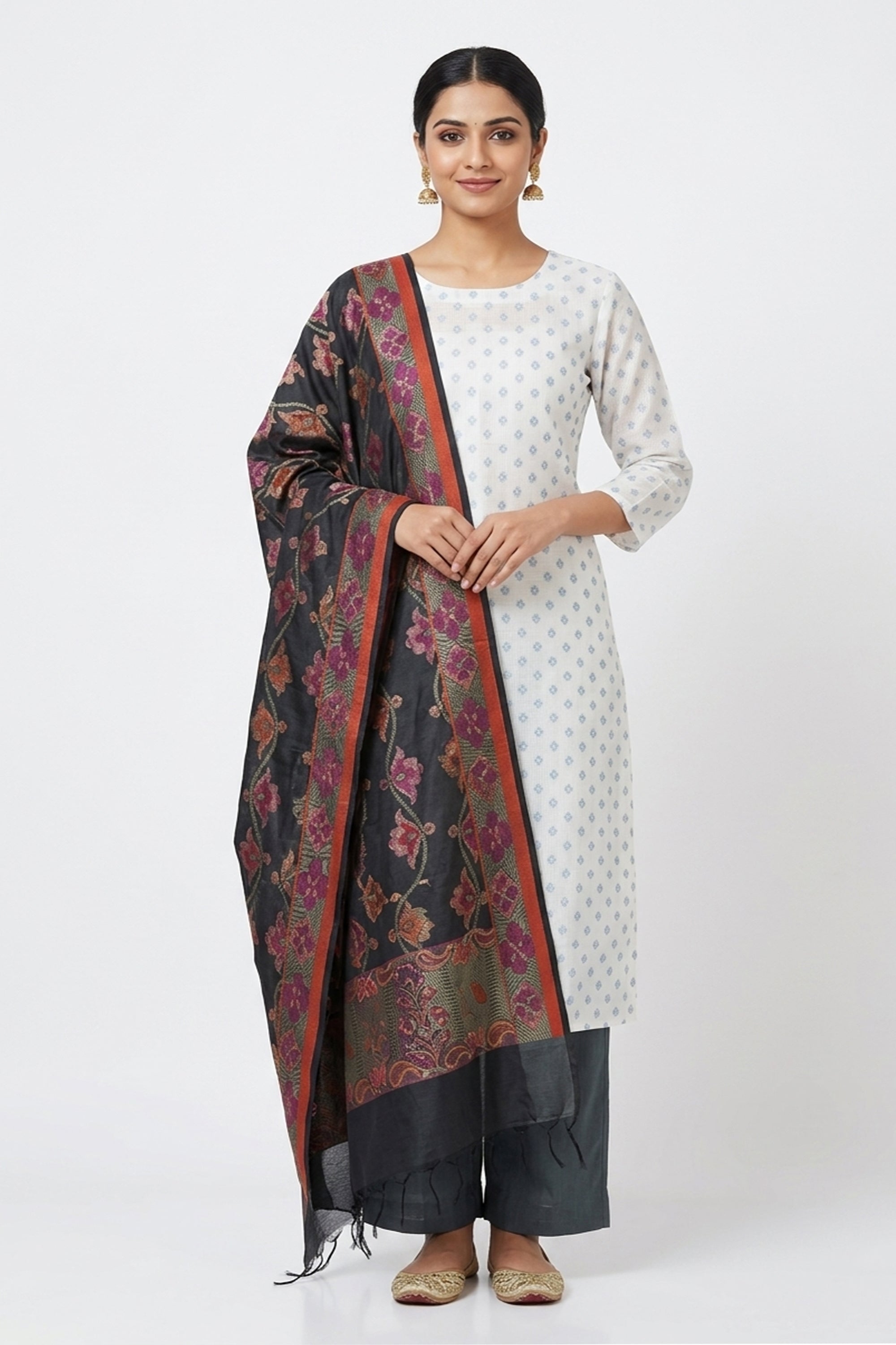 Off-white and grey silk blend unstitched suit with a charcoal black floral woven dupatta.