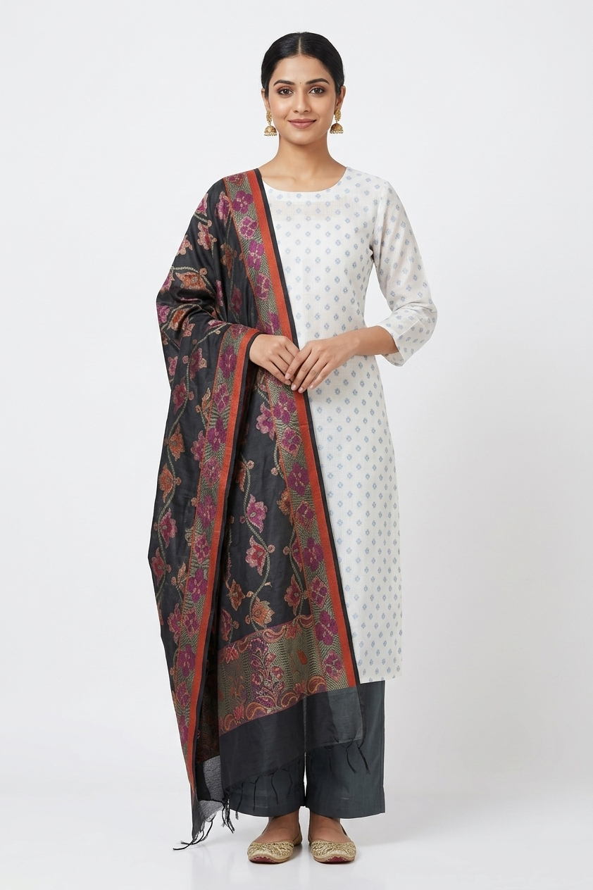 Off-white and grey silk blend unstitched suit with a charcoal black floral woven dupatta.
