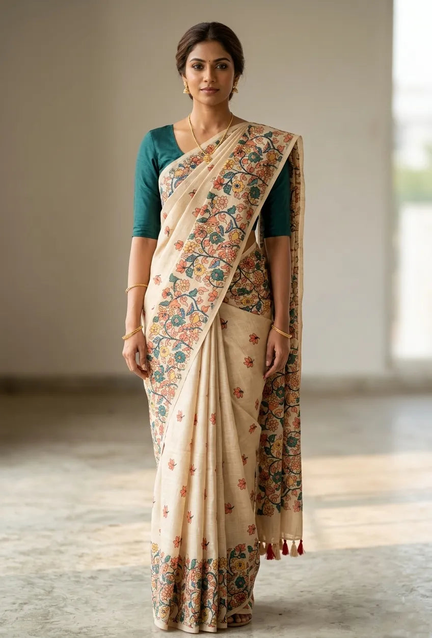 A woman modeling a beige cotton saree with colorful floral vine prints, a dark green blouse, and gold jewelry, standing in a naturally lit room.
