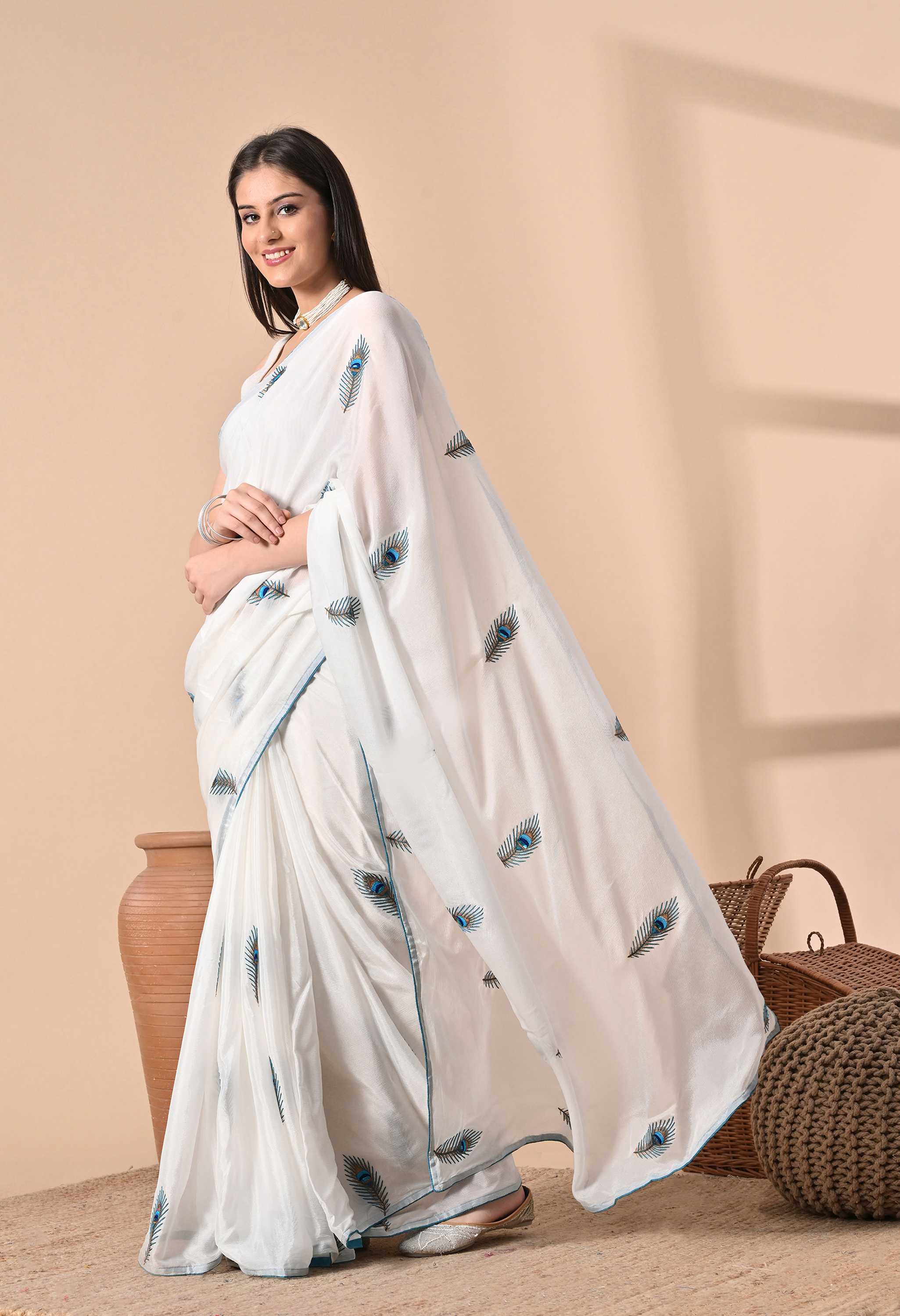Best Handmade White Chiffon Saree