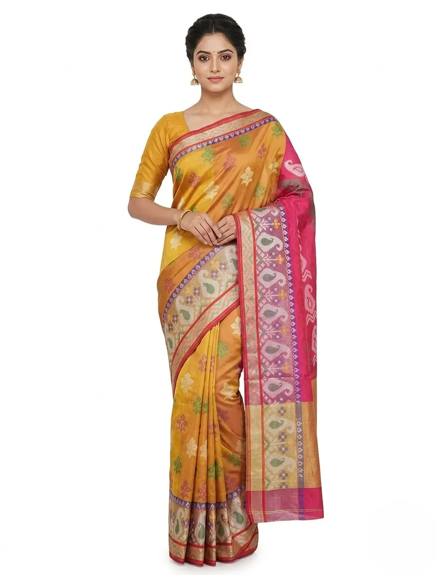 A woman modeling a vibrant mustard yellow and fuchsia pink Chanderi silk blend saree. The saree features a mustard body with ethnic motifs and a contrasting pink border and pallu adorned with intricate paisley woven designs and shimmering zari work. She is wearing a matching mustard yellow blouse, set against a plain white background.