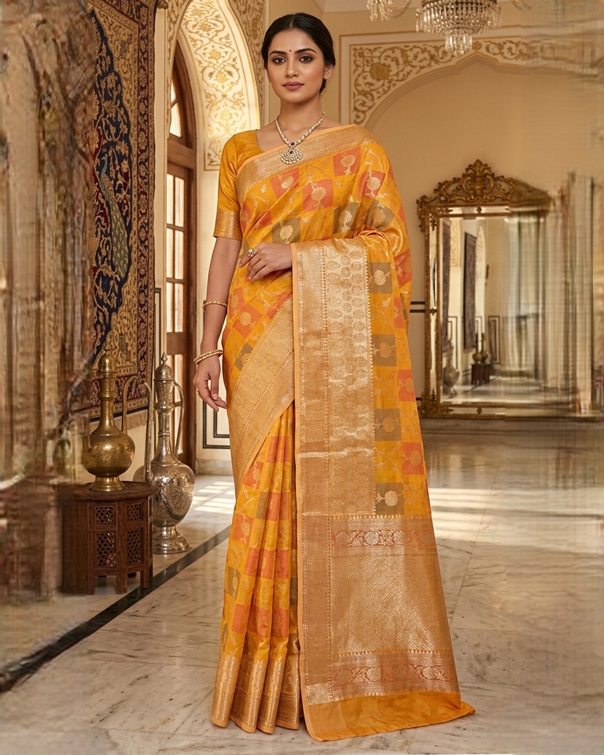 A woman elegantly draped in a mustard yellow and gold-toned Kanjeevaram silk blend saree with a checkered pattern and ornate zari border, standing in a luxurious traditional palace setting