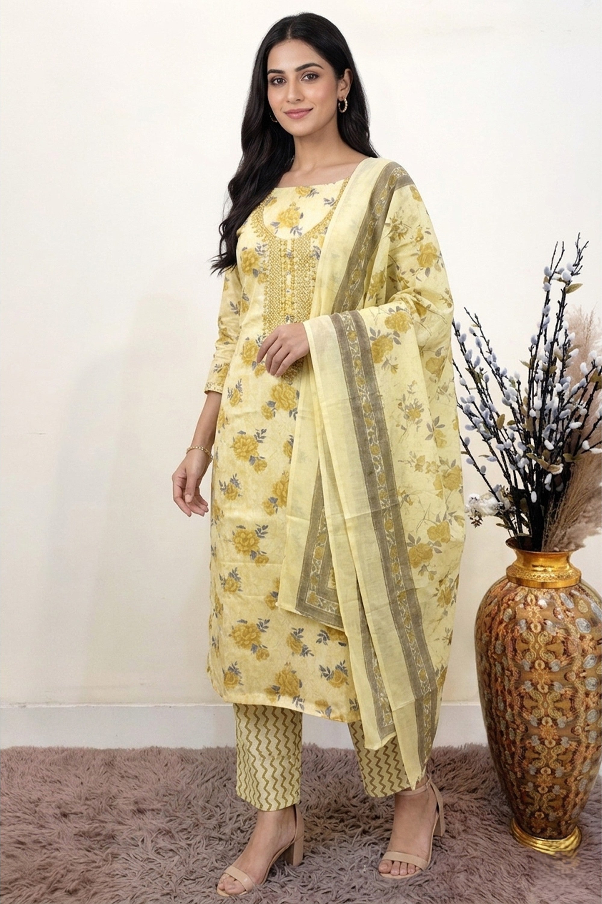 Cotton dress material for women, unstitched suit set, off-white cotton salwar suit, embroidered dress material, floral print dupatta suit, Myntra ethnic wear, summer cotton suits, white and green dress material.
