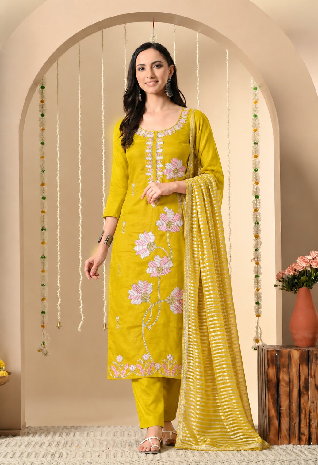 Mustard yellow straight-fit kurta suit set featuring pink and white floral embroidery on the front and neckline, paired with matching straight pants and a coordinating mustard yellow dupatta with fine white striped patterns.